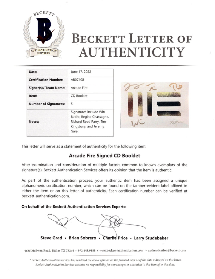 Arcade Fire Signed WE CD Cover Framed Matted Wall Display Beckett Certified Authentic