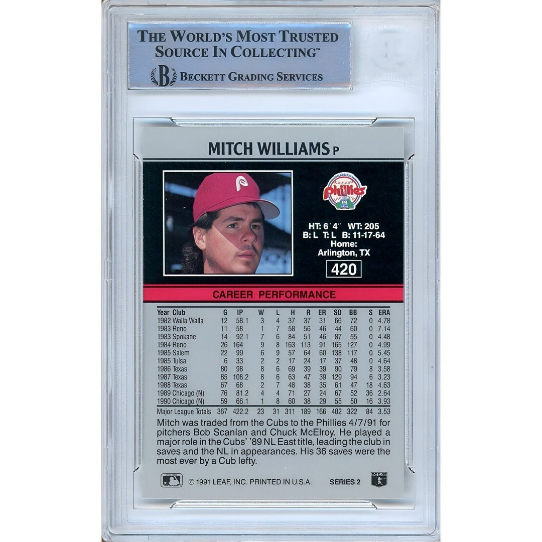 Mitch Williams Philadelphia Phillies Signed 1991 Leaf Baseball Card Beckett Authentic Auto