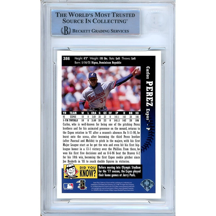 Carlos Perez Montreal Expos Signed 1997 Collectors Choice Card Beckett Auth Auto Slab