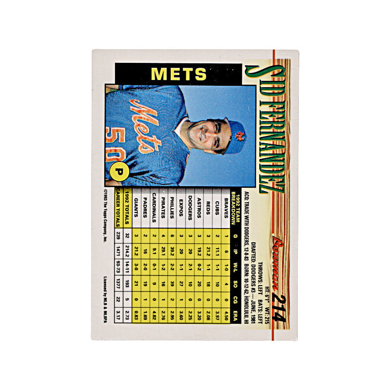 1993 Bowman Sid Fernandez Autograph Auto Signed Signature New York Mets