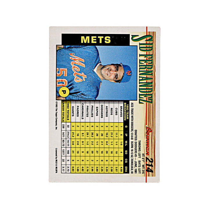 1993 Bowman Sid Fernandez Autograph Auto Signed Signature New York Mets