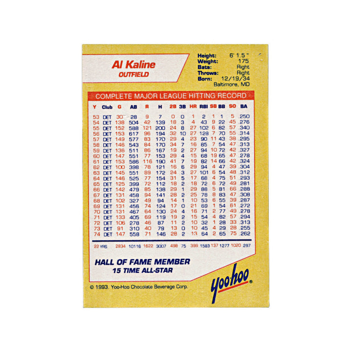 1993 Yoohoo Al Kaline Autograph Auto Signed Signature Detroit Tigers