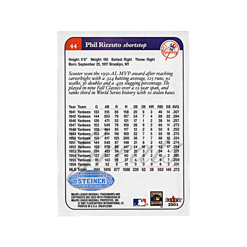 2001 Fleer Greats Of The Game Phil Rizzuto Autograph (Steiner Holo on Back) Auto