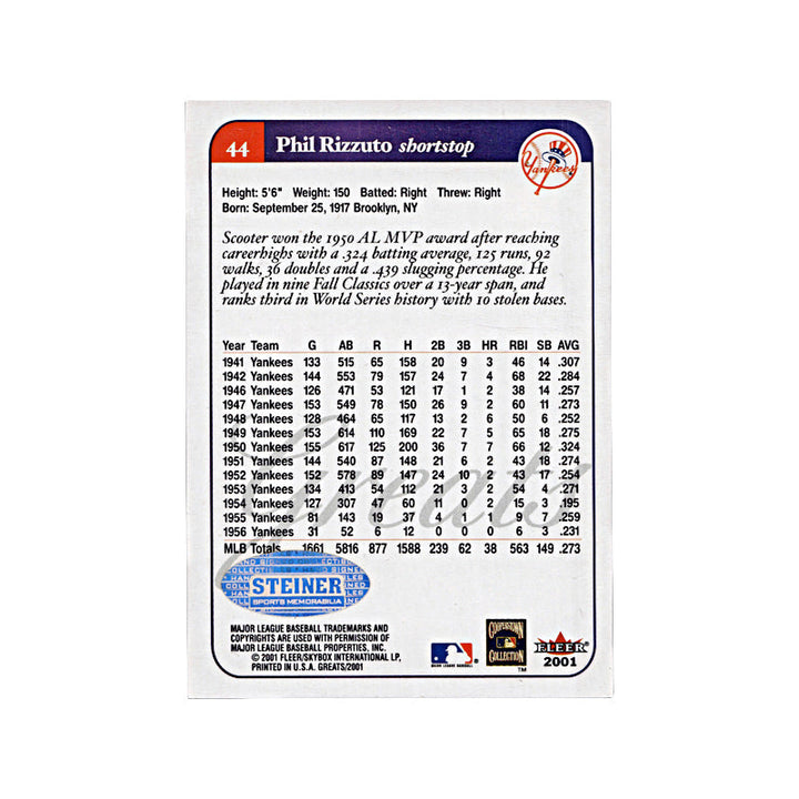 2001 Fleer Greats Of The Game Phil Rizzuto Autograph (Steiner Holo on Back) Auto