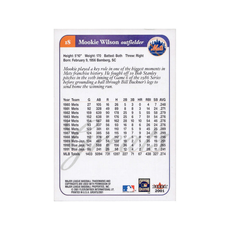 2001 Fleer Greats Of The Game Mookie Wilson Autograph Auto Signed Signature