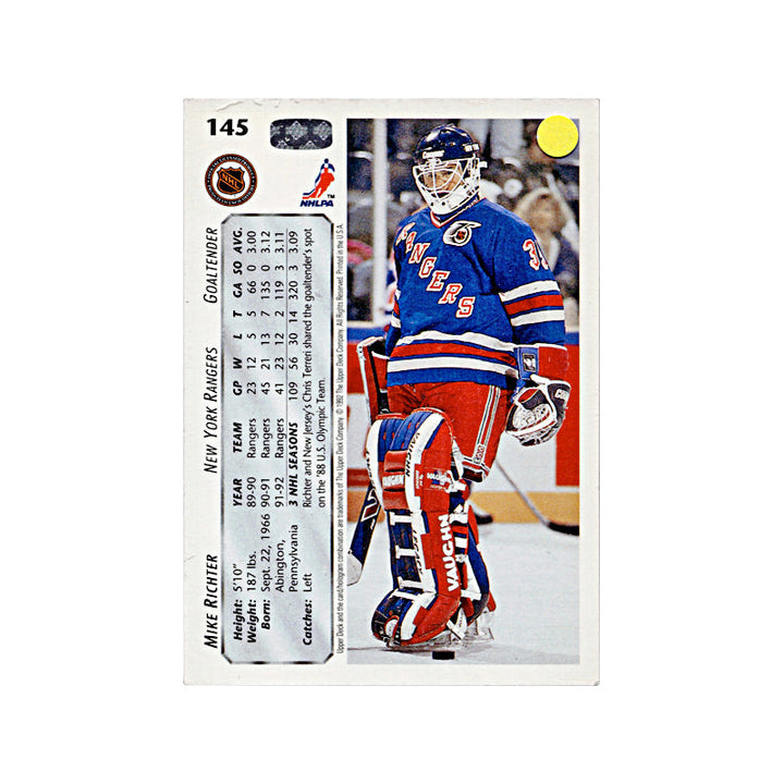 1992-93 Upper Deck Mike Richter Autograph w/ "G7 NYR 3 - VAN 2" Inscription (CX)