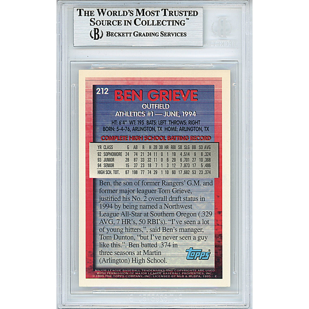 Ben Grieve Oakland Athletics Signed 1995 Topps Rookie Baseball Card Beckett Auth Auto