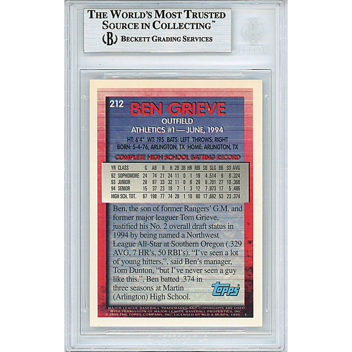 Ben Grieve Oakland Athletics Signed 1995 Topps Rookie Baseball Card Beckett Auth Auto