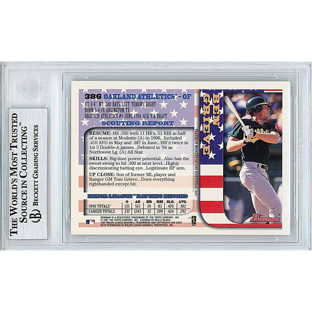 Ben Grieve Autographed Oakland Athletics A's 1997 Bowman Baseball Card Beckett