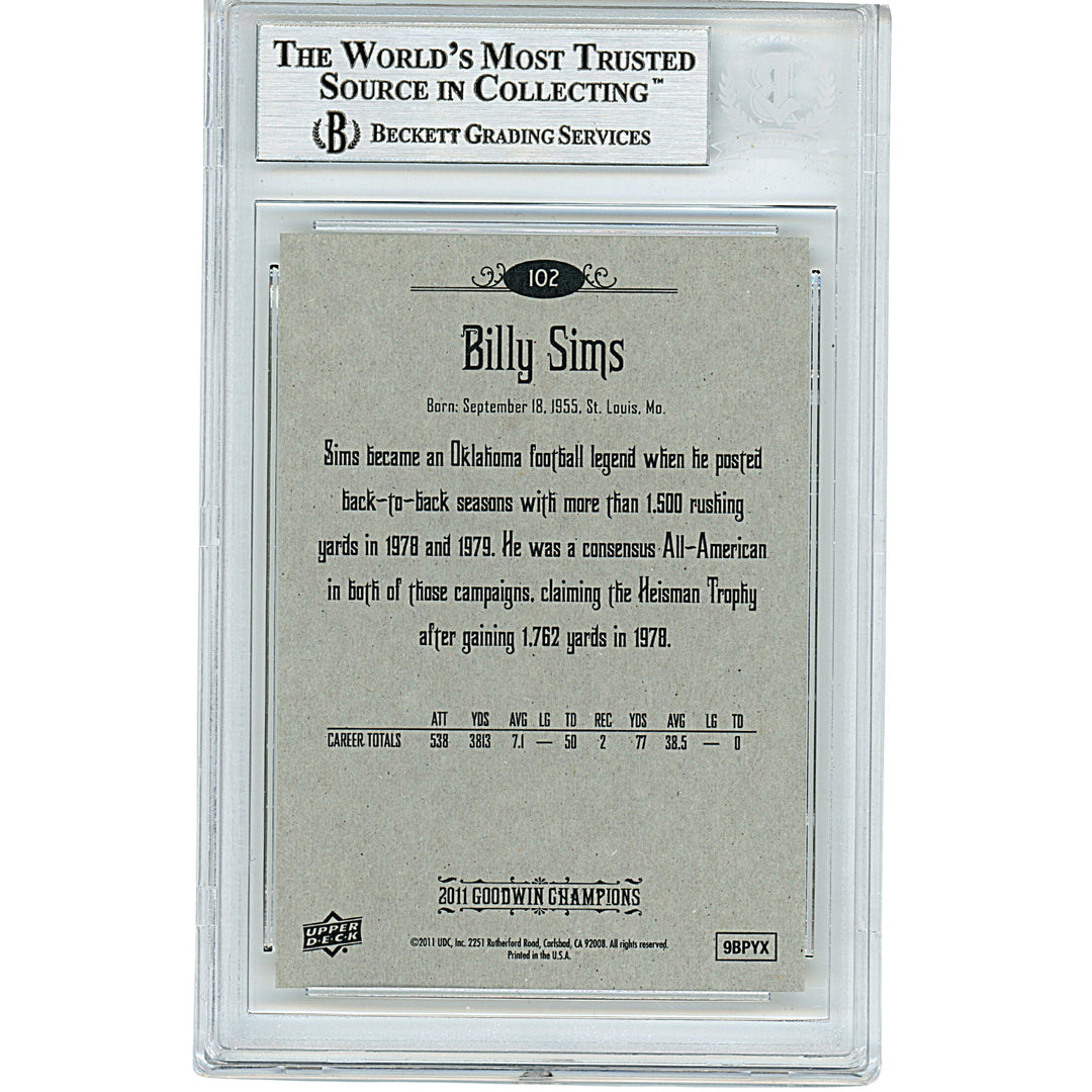 Billy Sims Autographed OU Sooners 2011 Goodwin Champions Football Card Beckett Slab
