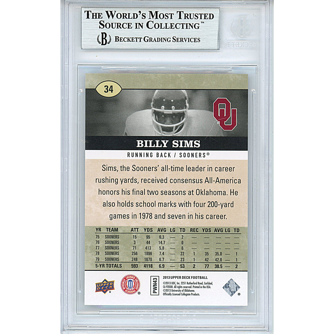 Billy Sims Signed Oklahoma Sooners 2013 Upper Deck Football Card Beckett Auth Auto Slab