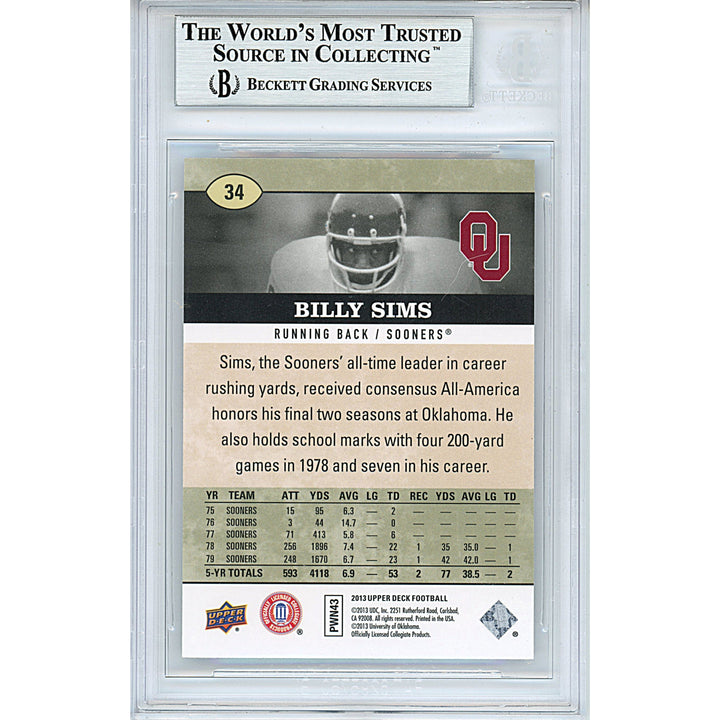 Billy Sims Signed Oklahoma Sooners 2013 Upper Deck Football Card Beckett Auth Auto Slab