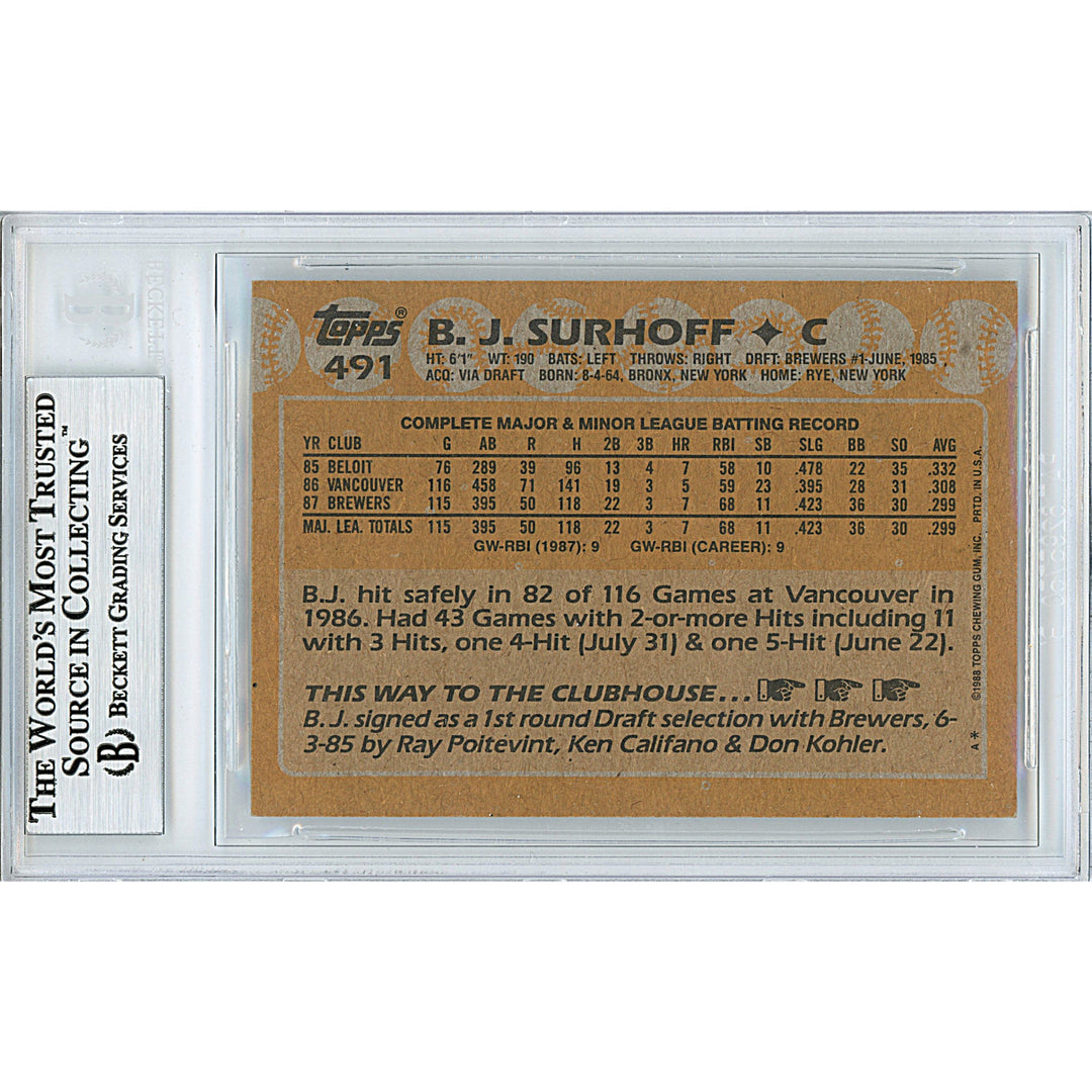 BJ Surhoff Autographed Milwaukee Brewers 1988 Topps Baseball Card Beckett Auth Auto