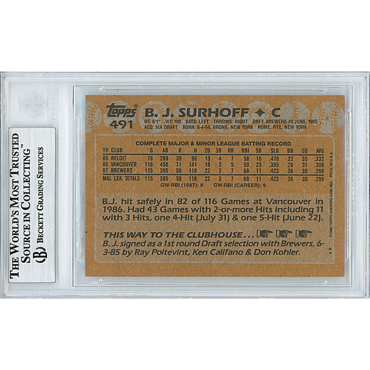 BJ Surhoff Autographed Milwaukee Brewers 1988 Topps Baseball Card Beckett Auth Auto