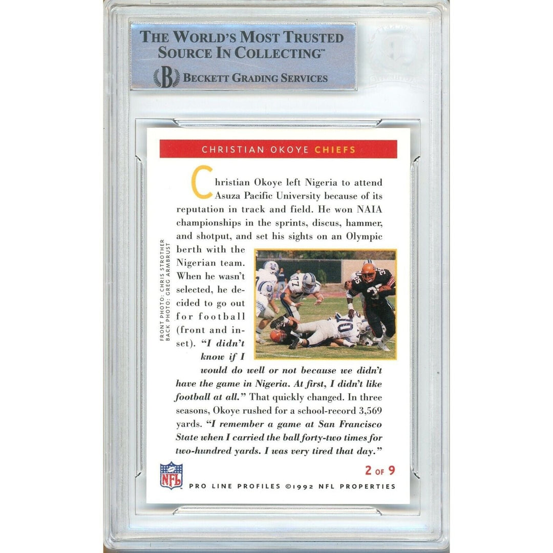 Christian Okoye KC Chiefs Signed 1992 Pro Line Profiles Card Beckett Authentic Auto Slab