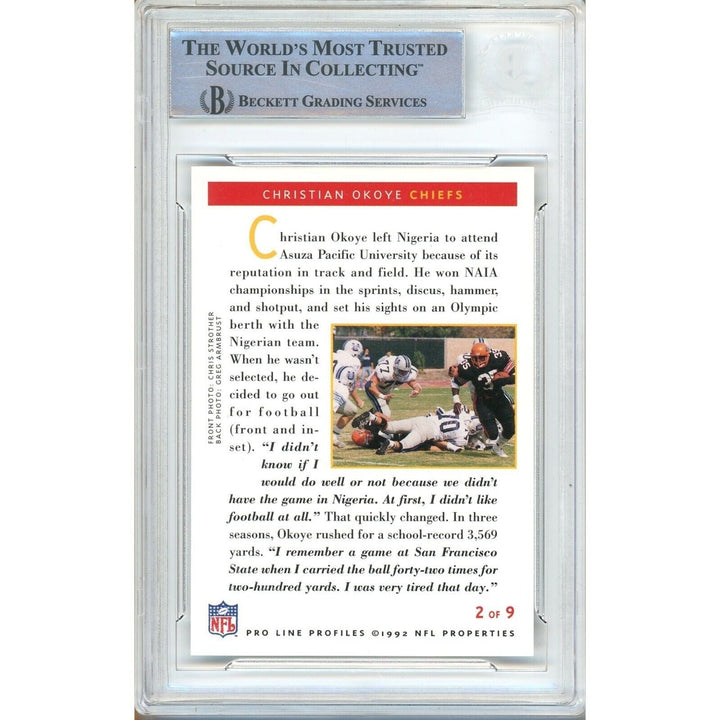 Christian Okoye KC Chiefs Signed 1992 Pro Line Profiles Card Beckett Authentic Auto Slab