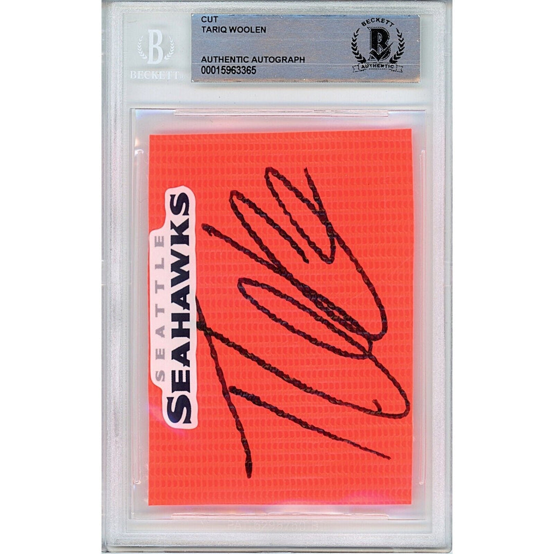 Footballs- Autographed- Riq Woolen Seattle Seahawks Signed Football End Zone Pylon Signature Cut Beckett Authentic Auto Slab Front