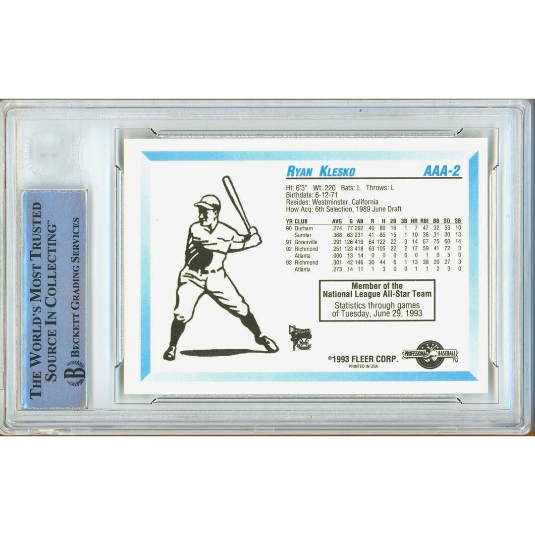 Baseballs- Autographed- Ryan Klesko Atlanta Braves Signed 1993 Triple A All Stars Fleer Procards Rookie Trading Card Beckett Authentic Auto Slab Back