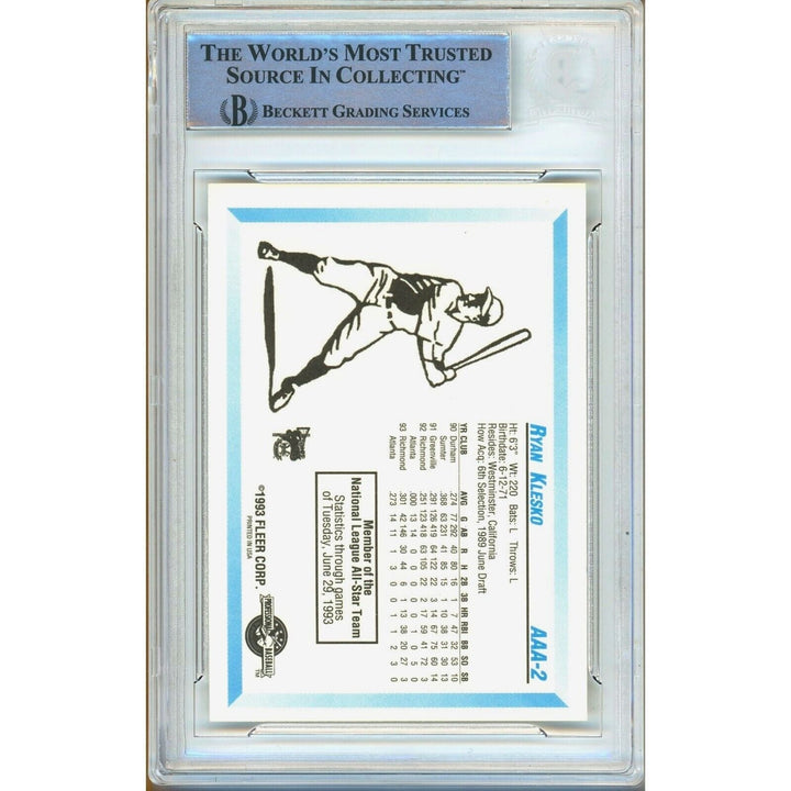 Baseballs- Autographed- Ryan Klesko Atlanta Braves Signed 1993 Triple A All Stars Fleer Procards Rookie Trading Card Beckett Authenticated Auto Slab Back