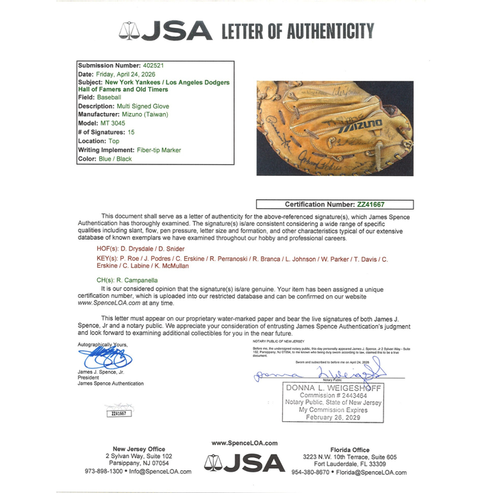 Snider Roe Branca Podres Los Angeles Dodgers Multi Signed Mizuno Baseball Glove 14 Autos JSA LOA