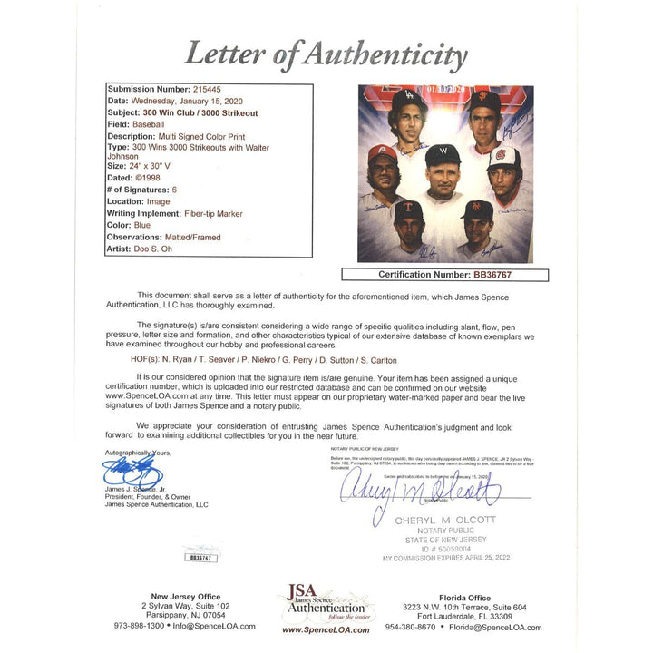 Seaver, Ryan, Carlton 300 Win 3000 Strikeout Multi Signed Autographed Framed Lithograph JSA LOA