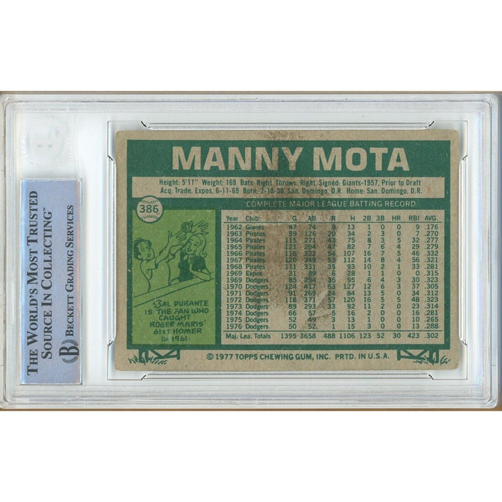 Manny Mota Los Angeles Dodgers Signed 1977 Topps Baseball Card Beckett Auth Auto Slab