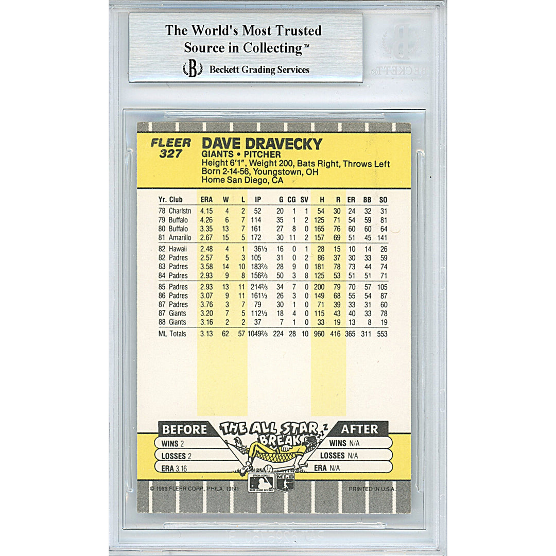 Dave Dravecky Signed San Francisco Giants 1989 Fleer Baseball Card Beckett Auth Auto Slab