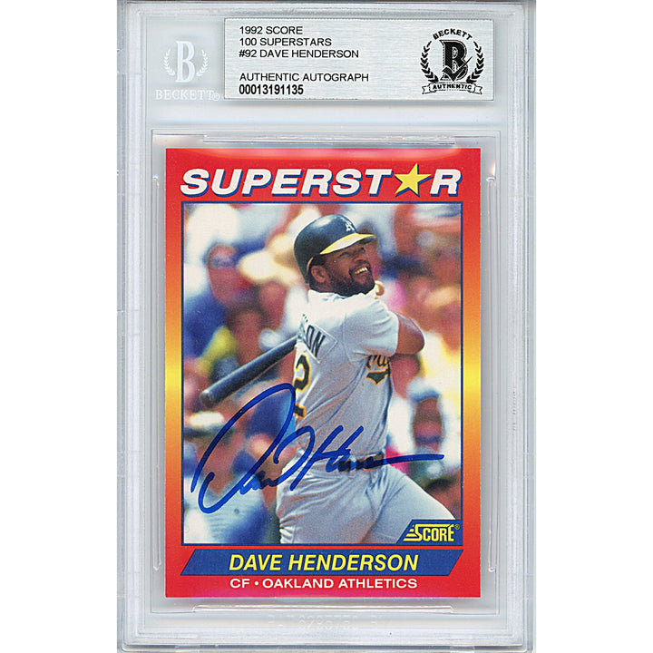 Dave Henderson Signed Oakland Athletics 1992 Score Baseball Card Beckett Auth Auto Slab