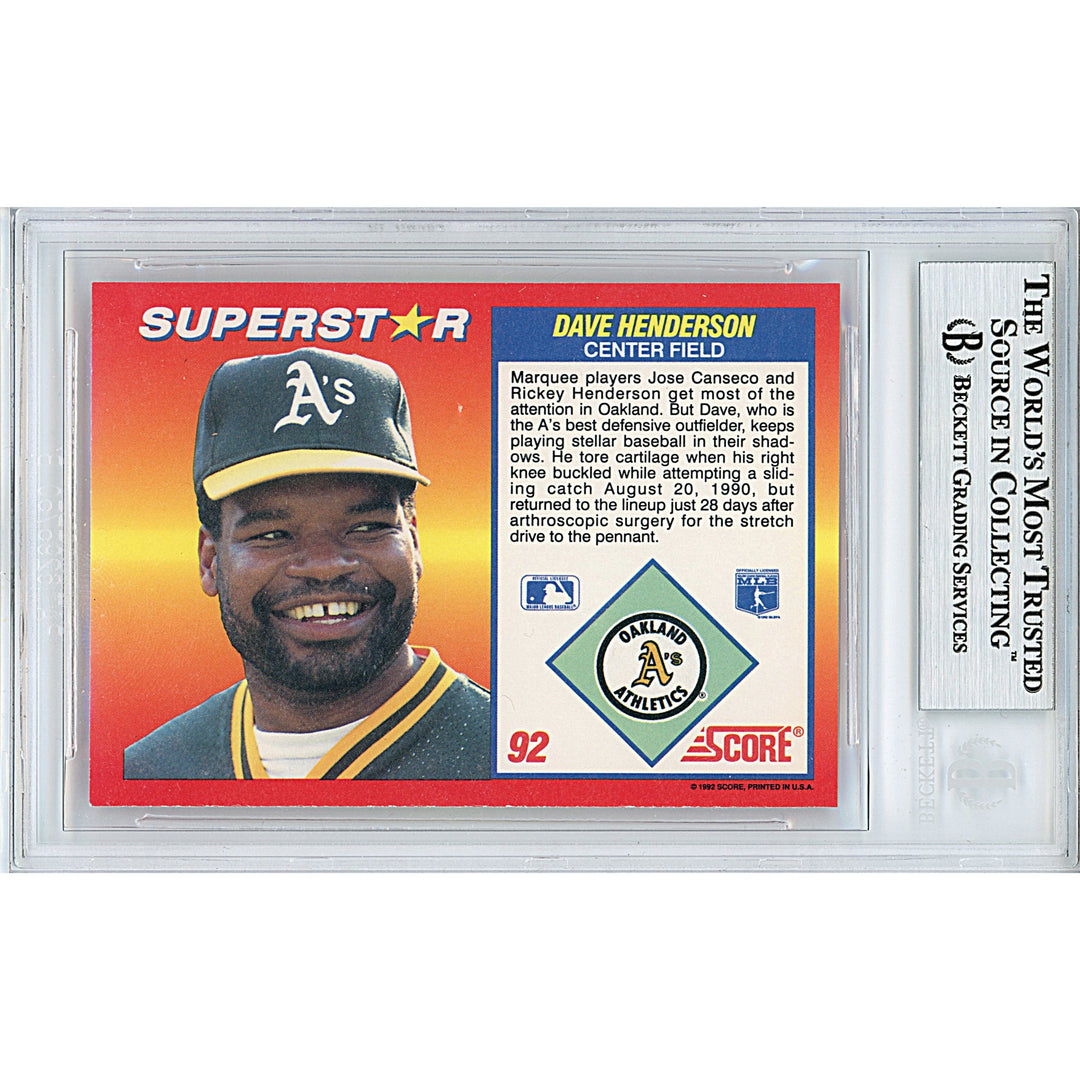 Dave Henderson Signed Oakland Athletics 1992 Score Baseball Card Beckett Auth Auto Slab