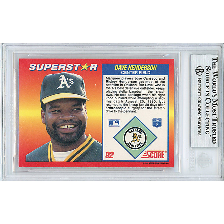 Dave Henderson Signed Oakland Athletics 1992 Score Baseball Card Beckett Auth Auto Slab