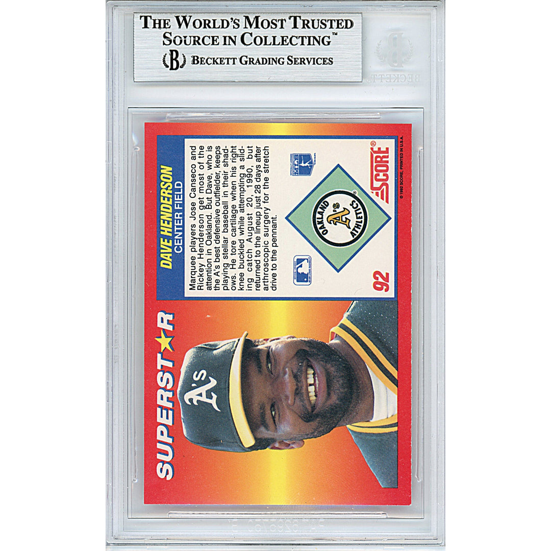 Dave Henderson Signed Oakland Athletics 1992 Score Baseball Card Beckett Auth Auto Slab