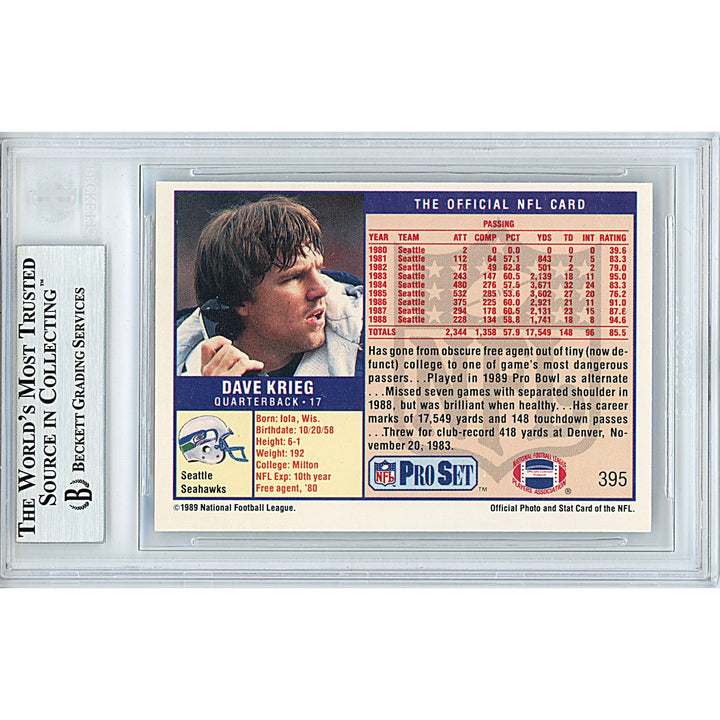 Dave Krieg Signed Seattle Seahawks 1989 NFL Pro Set Football Card Beckett Auth Auto Slab