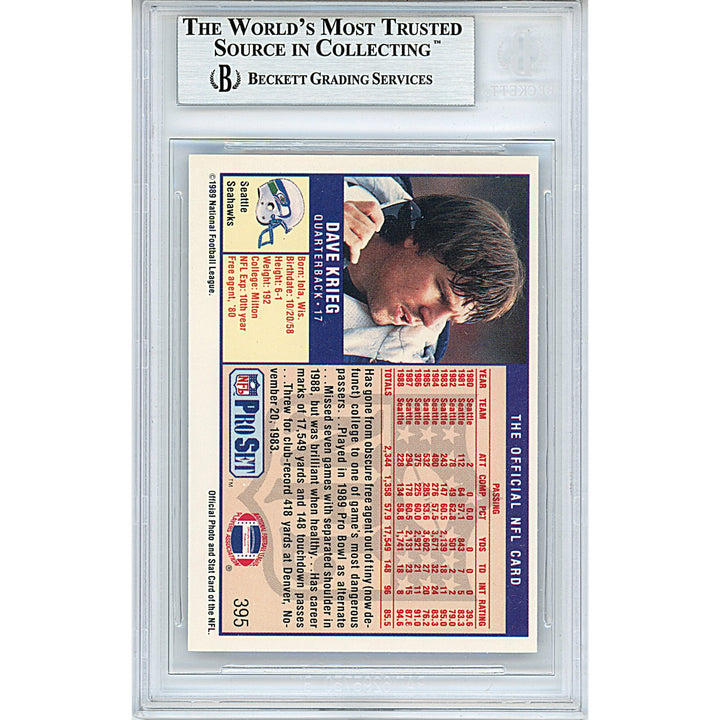 Dave Krieg Signed Seattle Seahawks 1989 NFL Pro Set Football Card Beckett Auth Auto Slab