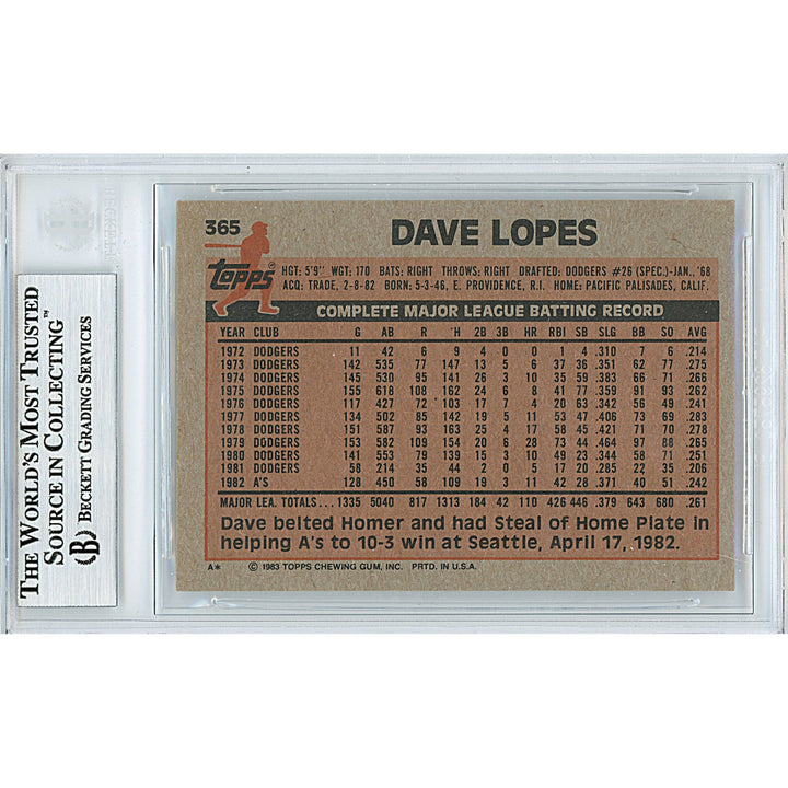 Davey Lopes Signed Oakland Athletics 1983 Topps Card Beckett Authentic Auto Slab