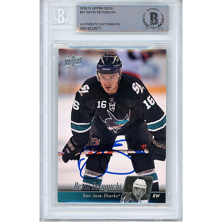Devin Setoguchi Signed San Jose Sharks 2010-11 Upper Deck Hockey Card Beckett Slab