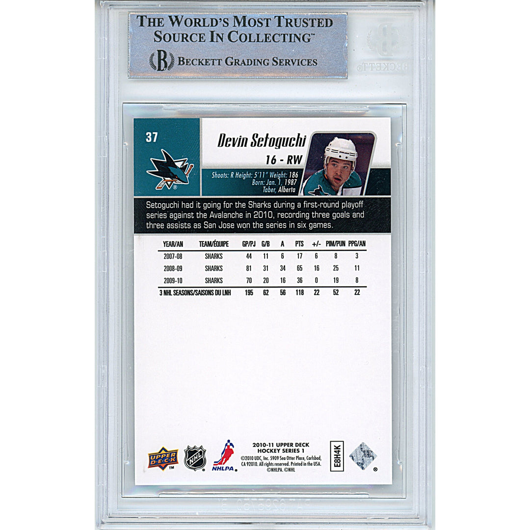 Devin Setoguchi Signed San Jose Sharks 2010-11 Upper Deck Hockey Card Beckett Slab