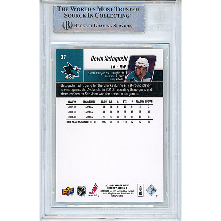 Devin Setoguchi Signed San Jose Sharks 2010-11 Upper Deck Hockey Card Beckett Slab