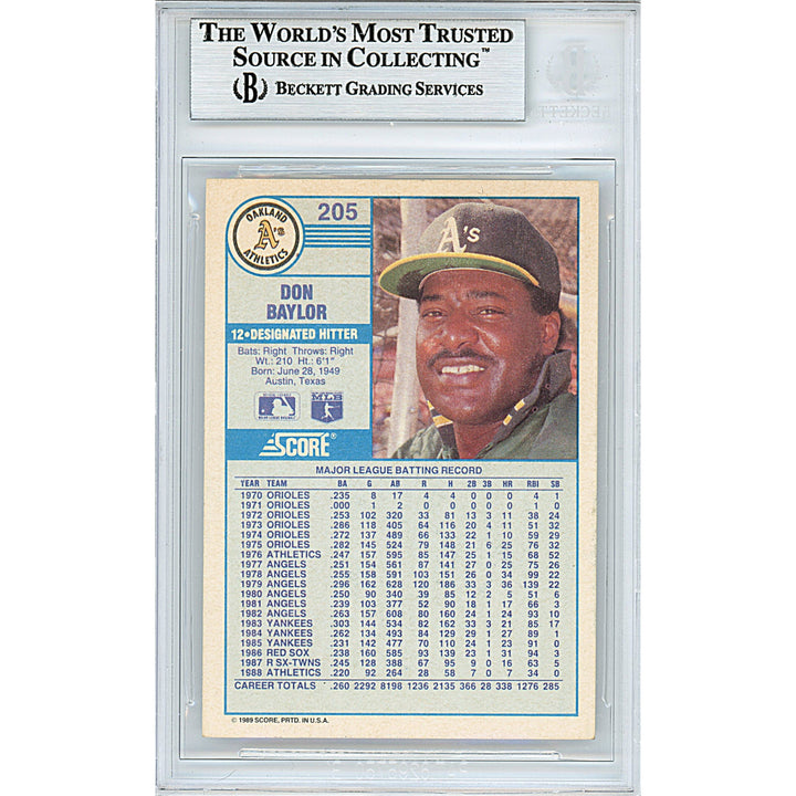 Don Baylor Signed Oakland Athletics 1989 Score Baseball Card Beckett Auth Auto Slab