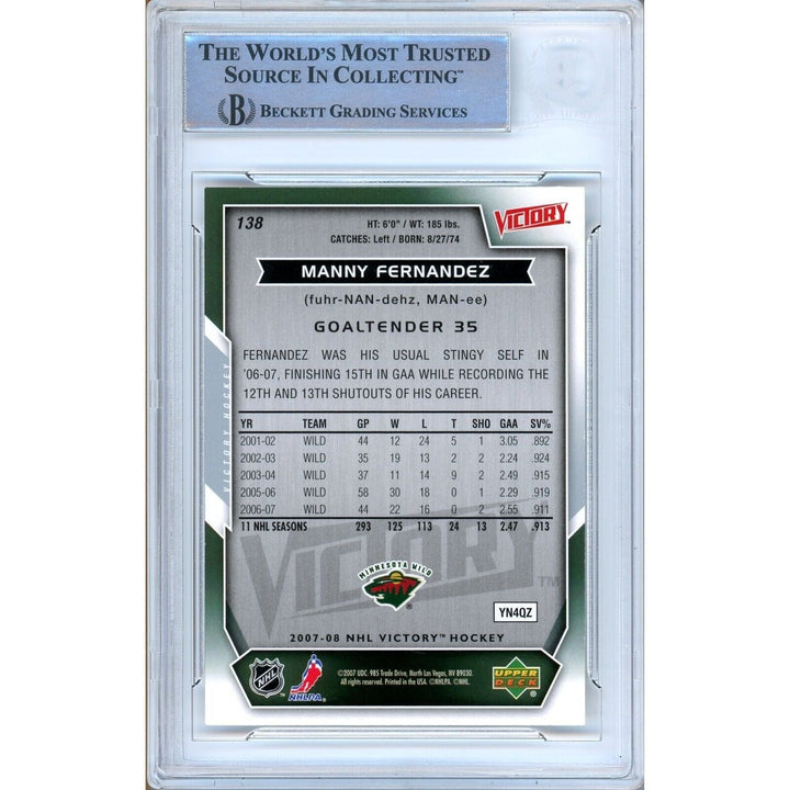 Manny Fernandez Minnesota Wild Signed 2007-08 UD Victory Card Beckett Auth Auto Slab