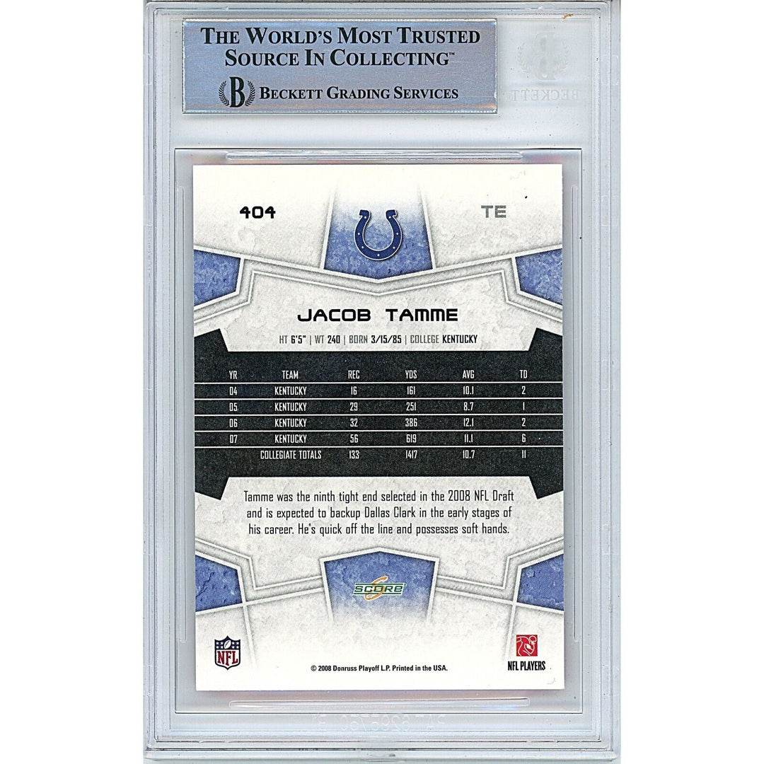 Jacob Tamme Colts Signed 2008 Score Super Bowl XLIII Football Card BAS Auth Auto Slab