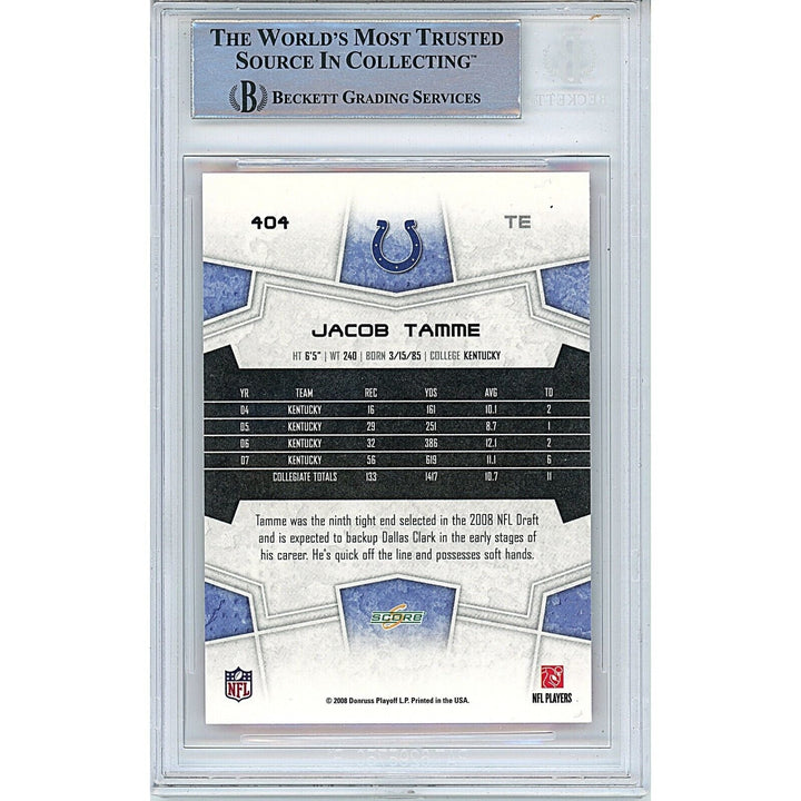 Jacob Tamme Colts Signed 2008 Score Super Bowl XLIII Football Card BAS Auth Auto Slab
