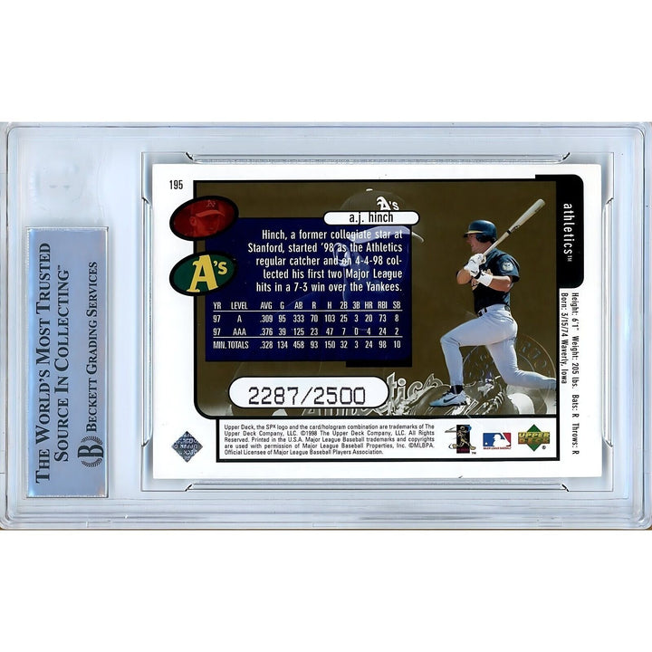 AJ Hinch Oakland Athletics Signed 1998 SPx Finite #195 BAS Auth Auto Slab