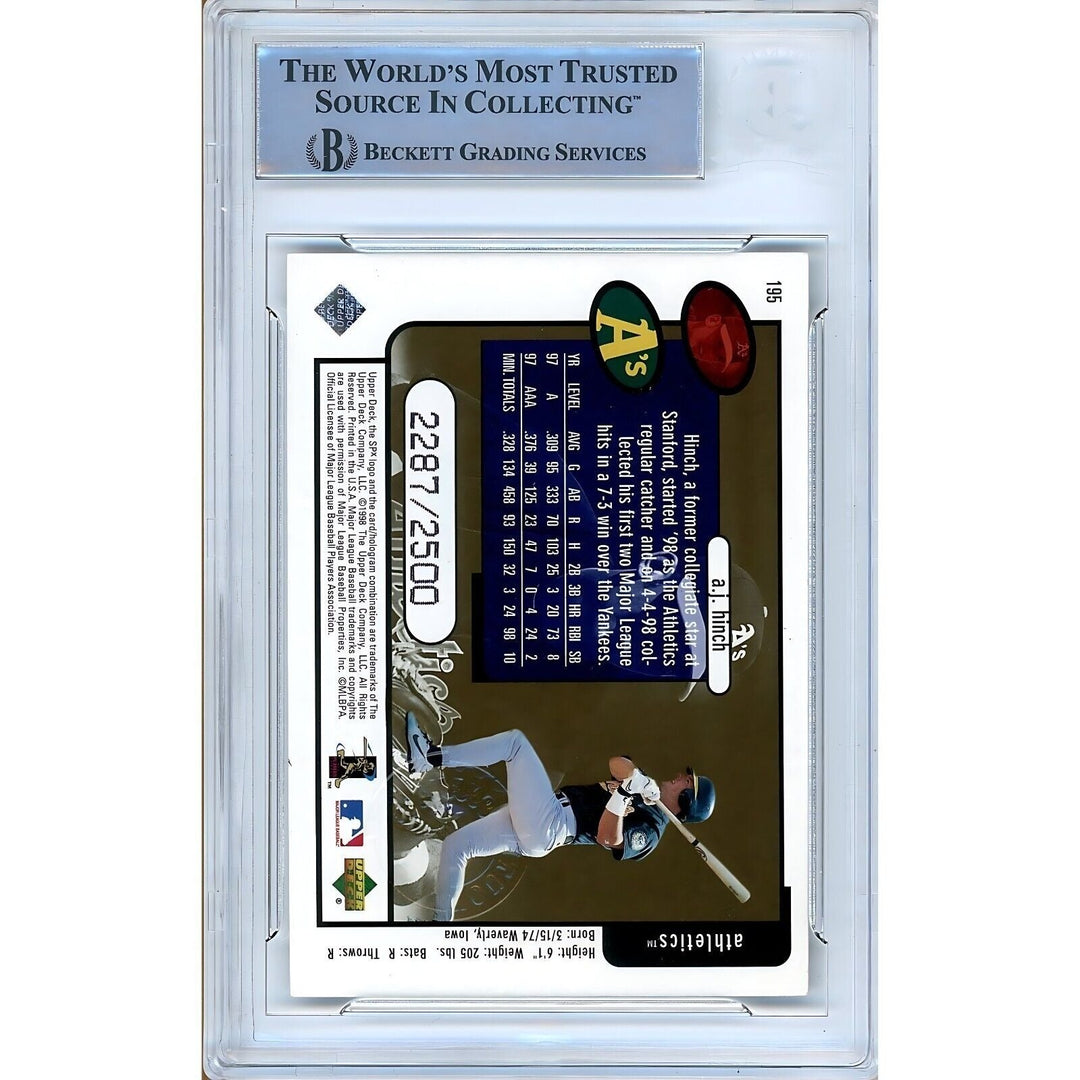 AJ Hinch Oakland Athletics Signed 1998 SPx Finite #195 BAS Auth Auto Slab