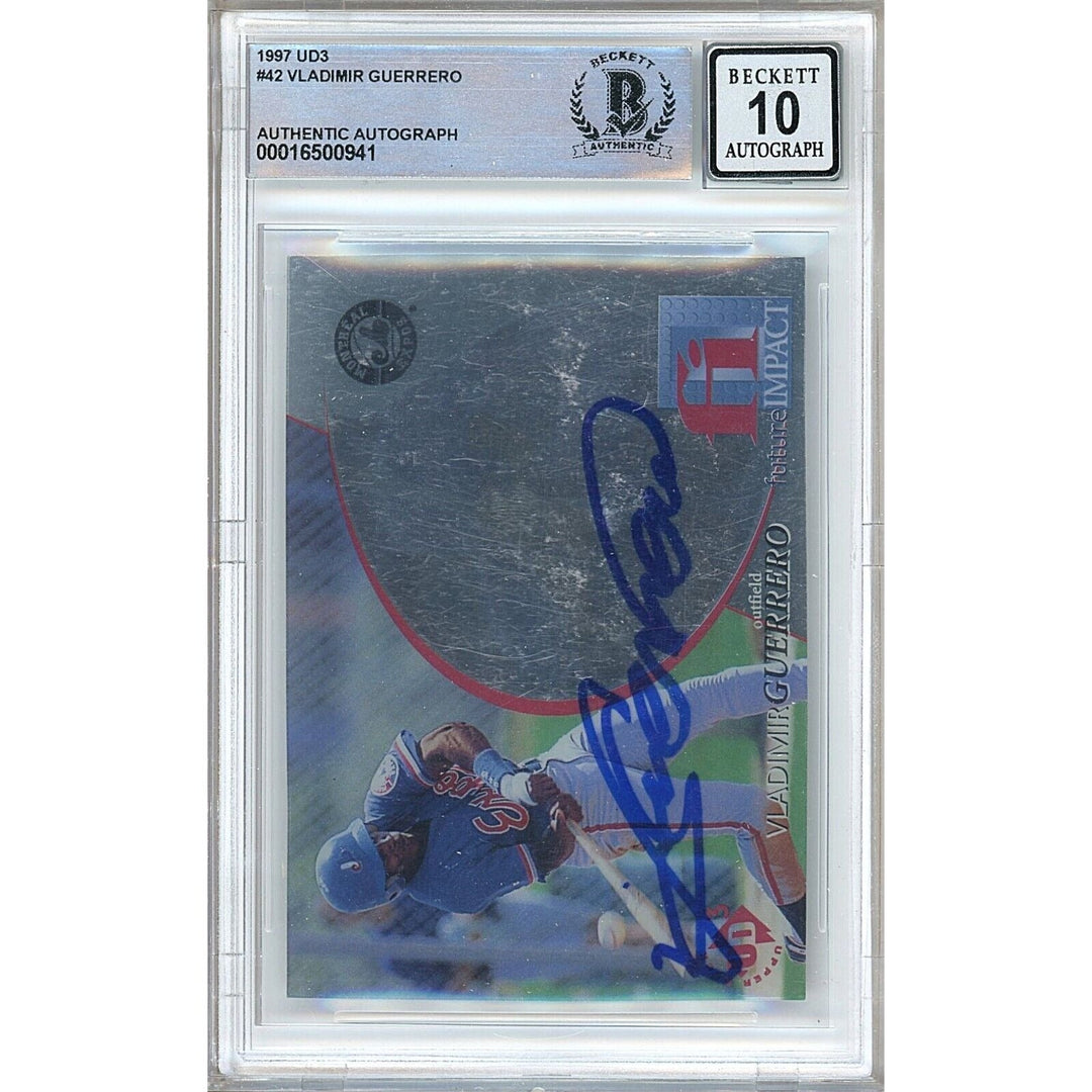 Baseballs- Autographed- Vladimir Guerrero Montreal Expos Signed 1997 Upper Deck UD3 Rookie Trading Card Beckett Authenticated BGS Auto-10 Graded Slab Front