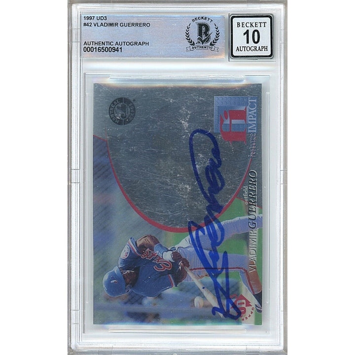 Baseballs- Autographed- Vladimir Guerrero Montreal Expos Signed 1997 Upper Deck UD3 Rookie Trading Card Beckett Authenticated BGS Auto-10 Graded Slab Front
