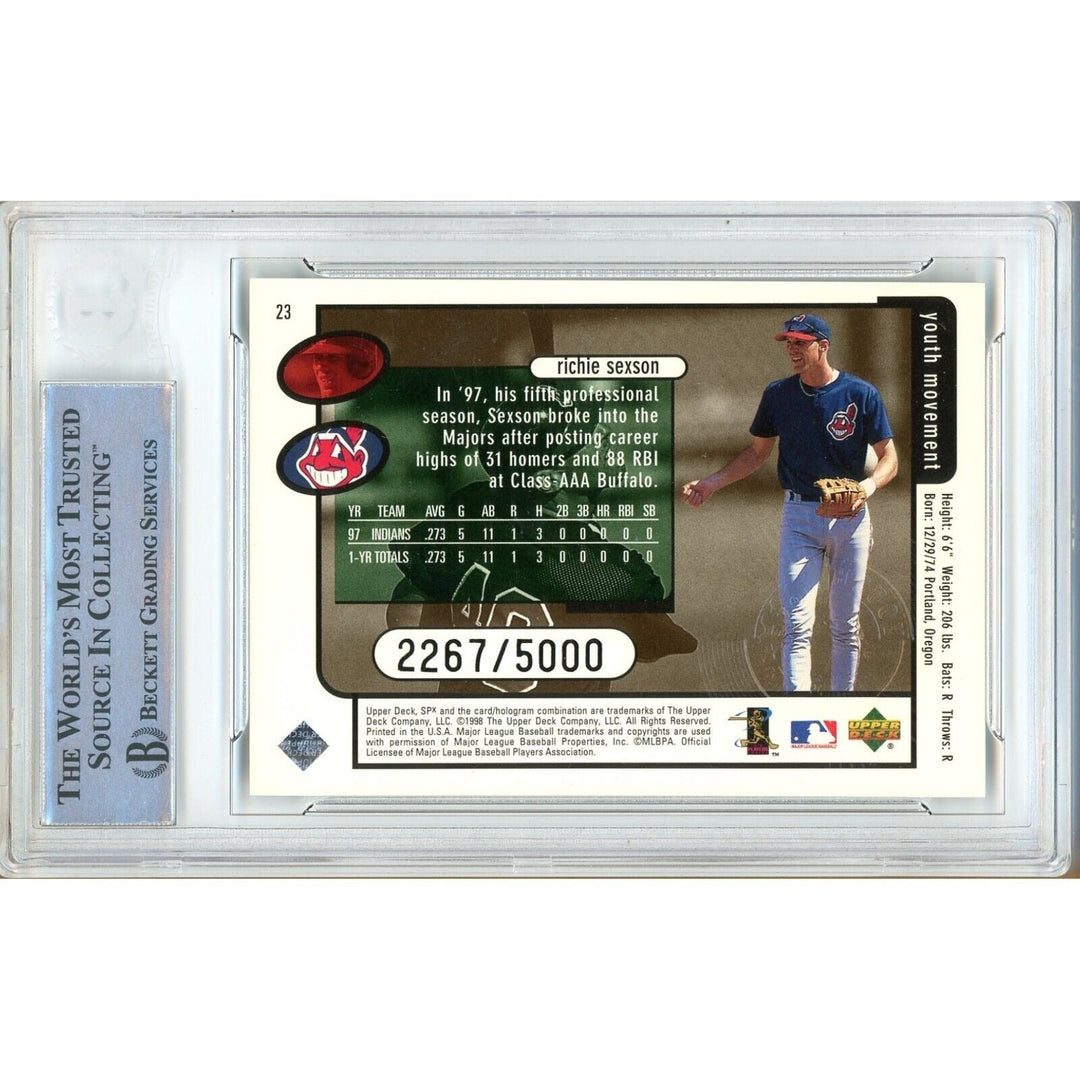 Baseballs- Autographed- Richie Sexson Cleveland Indians Signed 1998 SPX Finite Insert Baseball Card Beckett Authentic Auto Slab Back