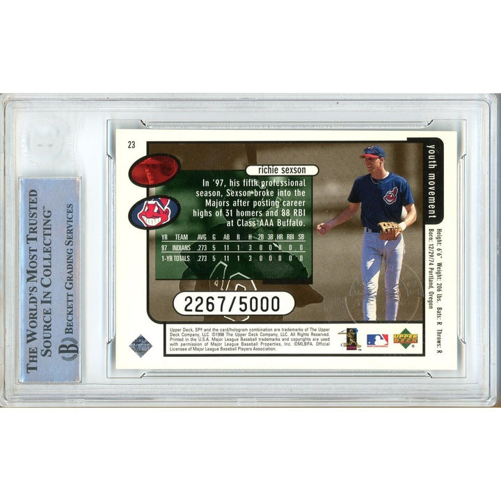 Baseballs- Autographed- Richie Sexson Cleveland Indians Signed 1998 SPX Finite Insert Baseball Card Beckett Authentic Auto Slab Back