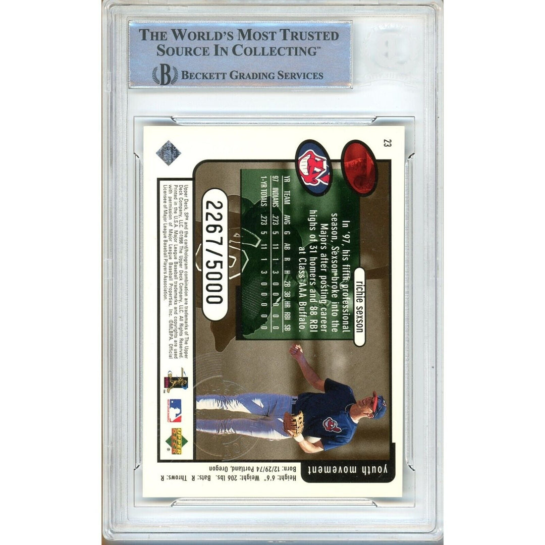 Baseballs- Autographed- Richie Sexson Cleveland Guardians Signed 1998 SPX Finite Insert Baseball Card Beckett Authentic Auto Slab Back