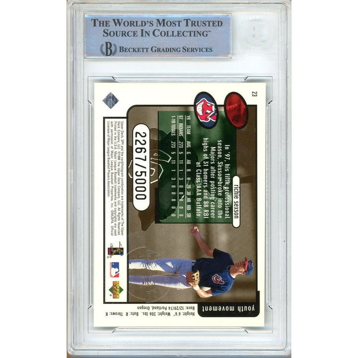 Baseballs- Autographed- Richie Sexson Cleveland Guardians Signed 1998 SPX Finite Insert Baseball Card Beckett Authentic Auto Slab Back