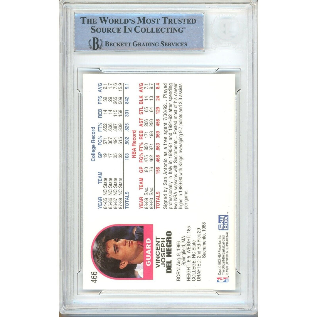 Basketballs- Autographed- Vinny Del Negro San Antonio Spurs Signed 1992-93 NBA Hoops Trading Card Beckett Authenticated Auto Slab Back